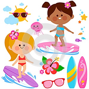 Girls surfing in the sea. Vector illustration collection