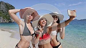 Girls Take Selfie Photo On Cell Smart Phone On Beach, Happy Smiling Women In Hats Young Tourists Group On Vacation