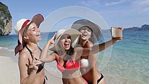 Girls Take Selfie Photo On Cell Smart Phone On Beach, Happy Smiling Women In Hats Young Tourists Group On Vacation