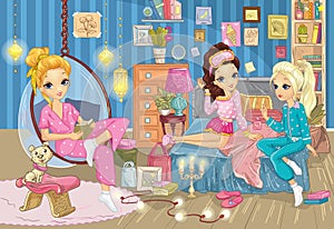 Girls Talking At Pajama Party In Bedroom