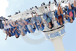 Girls on theme park funfair ride