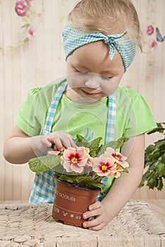 Girls of three years care for flowers,