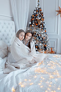 Girls twins in front of the fir-tree. New year`s eve. Christmas. Cozy holiday at the fir-tree with lights