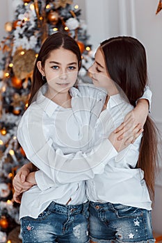 Girls twins in front of the fir-tree. New year`s eve. Christmas. Cozy holiday at the fir-tree with lights