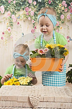 Girls twins of three years care for flowers,