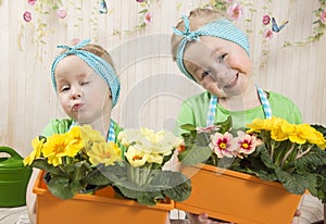 Girls twins of three years care for flowers,