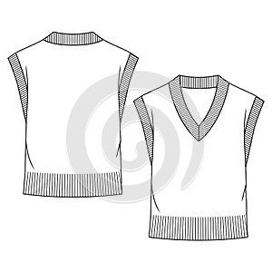 Girls V-Neck Sweater Vest fashion flat sketch template. Technical Fashion Illustration. Wide Rib Waistband
