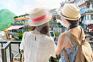 Girls visiting famous attractions of Jiufen Taiwan