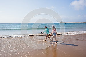 Girls Walking Beach Shoreline Ocean