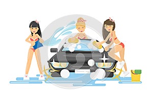 Girls wash the car.