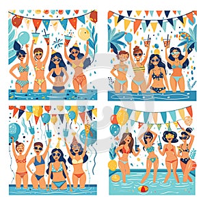 Girls waterpool party cartoon vector set. Happy cute woman swimsuits sunglasses characters cocktails drinks accessories