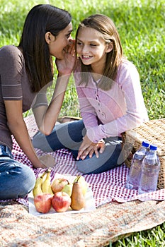 Girls whispering on picnic blanket on grass