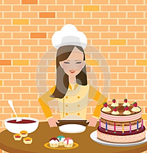 Girls woman chef cooking baking cake in kitchen wearing hat and apron