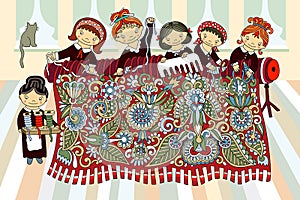 Girls working at the hand-loom weaving