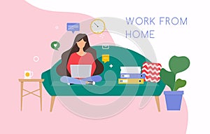 Girls working at home. Young woman sitting on a sofa and using laptop. Freelance, self employed, freedom, in living room