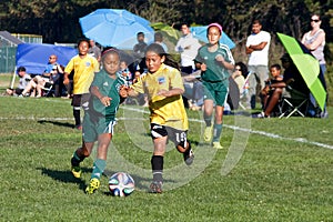 Girls Youth Soccer Football Players Running for the Ball