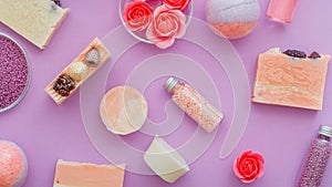 Girly beauty products, bath hygiene spa products. Pink beauty products bath bombs, bath beads, aromatic oils and rose flower soap