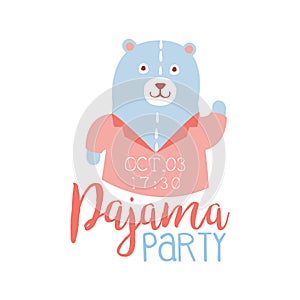 Girly Pajama Party Invitation Card Template With Teddy Bear Inviting Kids For The Slumber Pyjama Overnight Sleepover