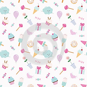 Girly pattern background with sweets and cute elements. Pastel pink and blue. Raster