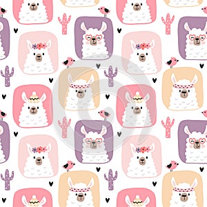 Girly pattern with cute llamas, childish seamless background