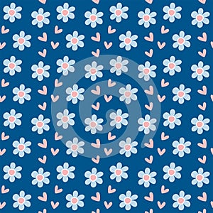 Girly seamless pattern with flowers and hearts. Repeated floral print.