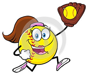 Girly Softball Cartoon Character Running With Glove And Ball