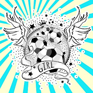 Girly style beautiful high-detailed football logo. Vector illustration in black and white colors on sun ray background.