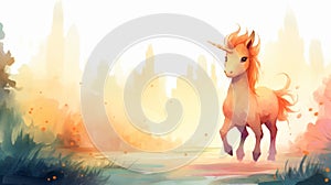 Girly watercolor background adorable unicorn in soft peach and turquoise pastel colors