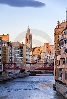 Girona Cathedral with Eiffel bridge over Onyar River