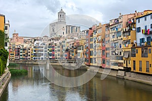 Girona Cathedral and houses along Onyar river, Spain