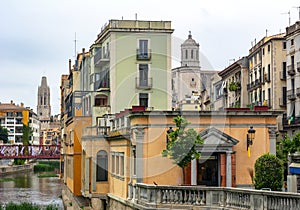 Girona Cathedral and houses along Onyar river, Spain