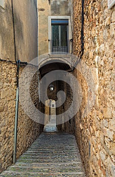 Girona, narrow medieval street, old Jewish Quarter