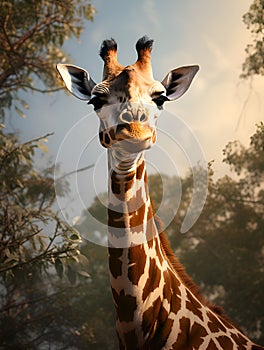 Girrafe portrait close up over desert plants background. Girrafe in savannah, walking along south africa national park. Giraffe