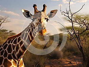 Girrafe portrait close up over savanna background. Girrafe in savannah. Giraffe\'s head in front of desert plants