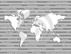 GIS vector banner with world map and lettering. Gray background.