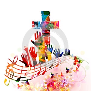 Colorful christian cross with music notes isolated vector illustration. Religion themed background. Design for gospel church music photo