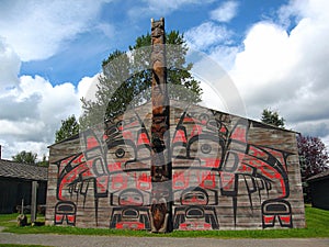 Gitsan Longhouse and Totem Pole at K`san Village, Hazelton, Northern British Columbia, Canada