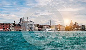 Giudecca canal at sunset, Venice, Italy.