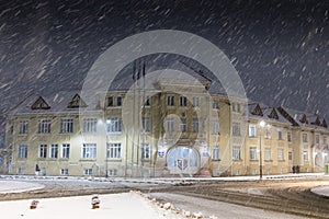 Giurgiu city hall at winter, night scene. photo