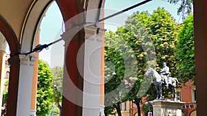 Giuseppe Garibaldi monument seen from Via dell`Indipendenza, Bologna, Italy