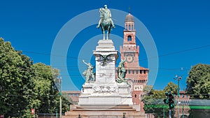 Giuseppe Garibaldi monument and tower of the Sforza Castle - Castello Sforzesco timelapse, Milan, Italy
