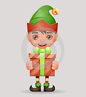 Give away bestow gift box christmas elf boy santa claus helper new year 3d cartoon character design vector illustration