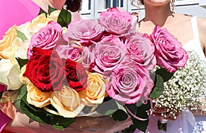 Give flowers to your loved ones: a bouquet of multi-colored roses in female hands, close-up