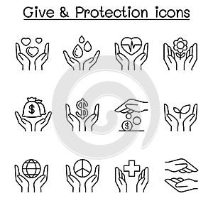 Give ,Protection, Donation, Charity icon set in thin line style