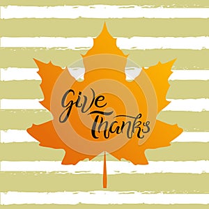 Give thanks hand drawn lettering with leaves elements