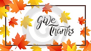 Give thanks hand drawn lettering with leaves elements