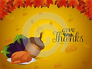 Give thanks invitation greeting card with creative vector vagetables and chicken