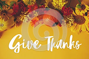 Give Thanks text and colorful autumn flowers, pumpkins, squashes flat lay on yellow background. Happy Thanksgiving greeting card.