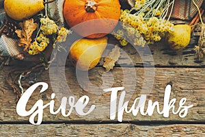 Give thanks text on pumpkin, autumn leaves, flowers, pears, cozy blanket on rustic old wood flat lay. Happy thanksgiving Seasonal