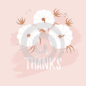 Give Thanks vector card with white pumpkins